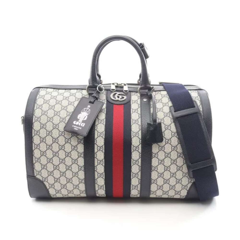 Gucci Duffle Bag GG Supreme Boston Canvas Leather Ivory White Navy Blue